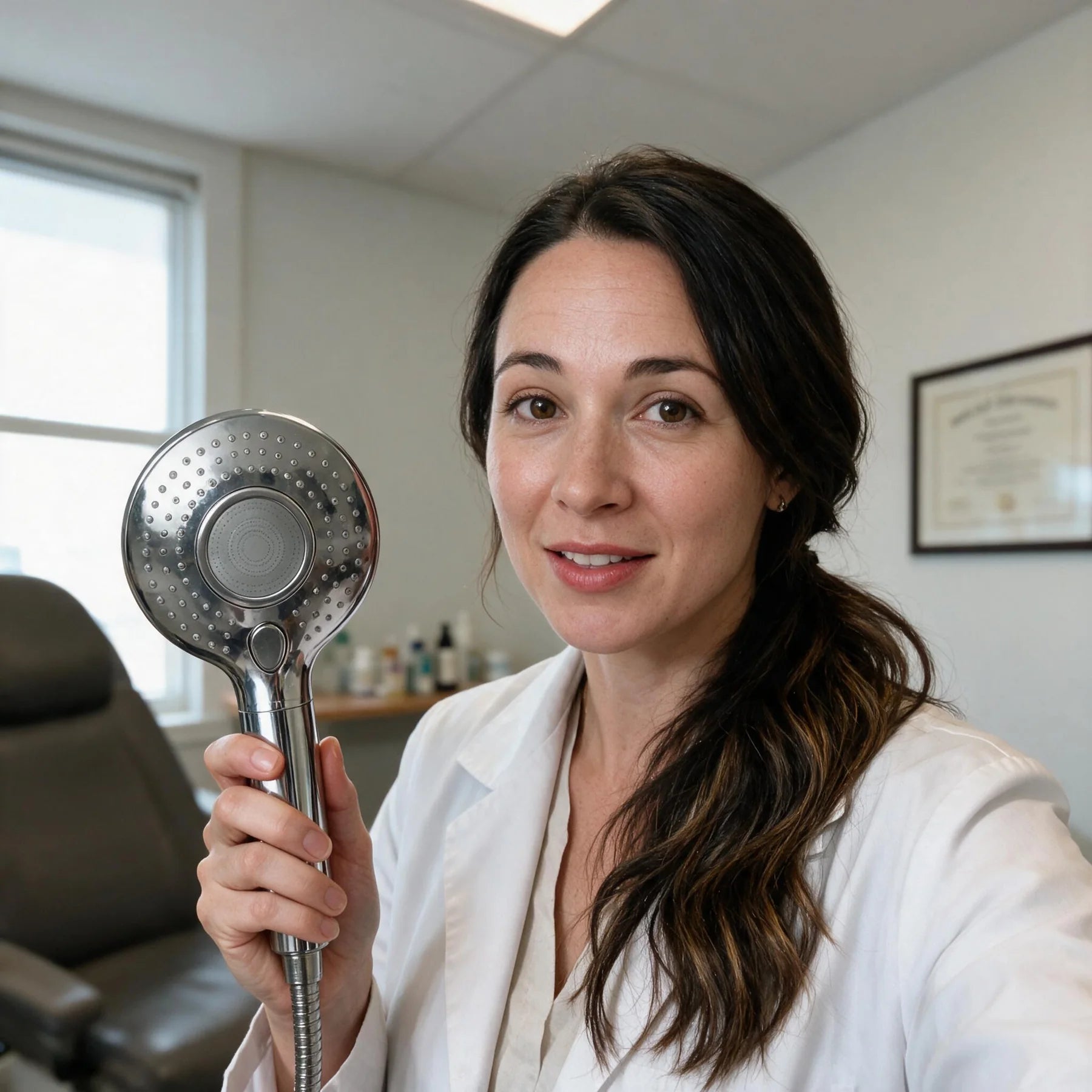 Dr. Lena Hale holding the Chelate-X showerhead