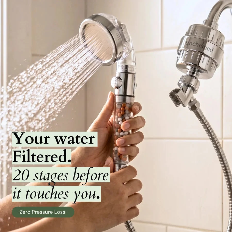 Unchemed Classic handheld and inline filter in use, with Your water filtered headline