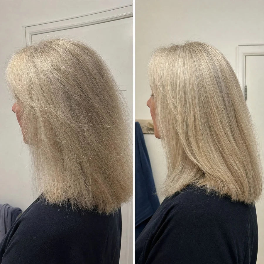 Side-by-side blonde hair comparison showing frizz and a smoother appearance