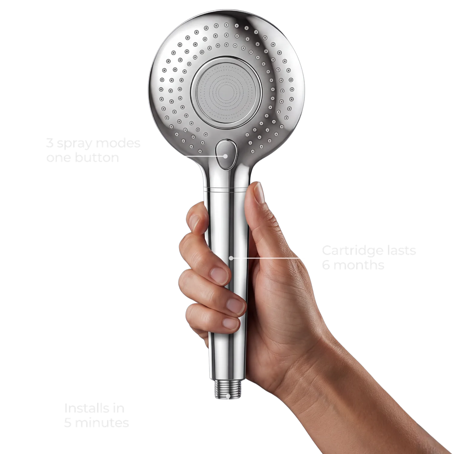 Unchemed Chelate-X handheld showerhead in hand, chrome finish