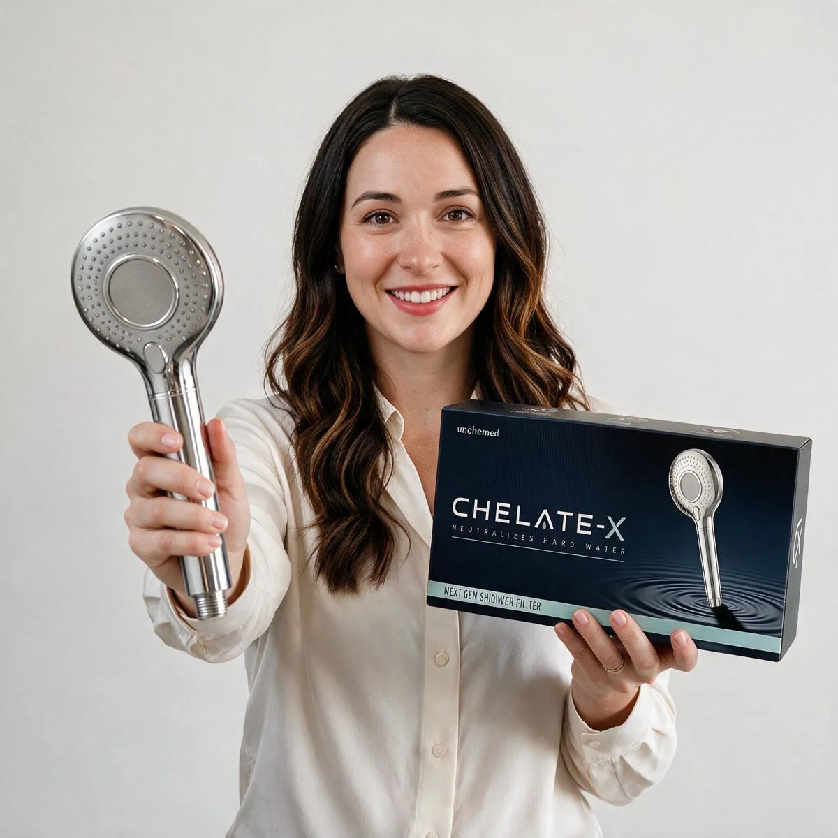Dr. Lena Hale holding the Chelate-X showerhead and its retail box