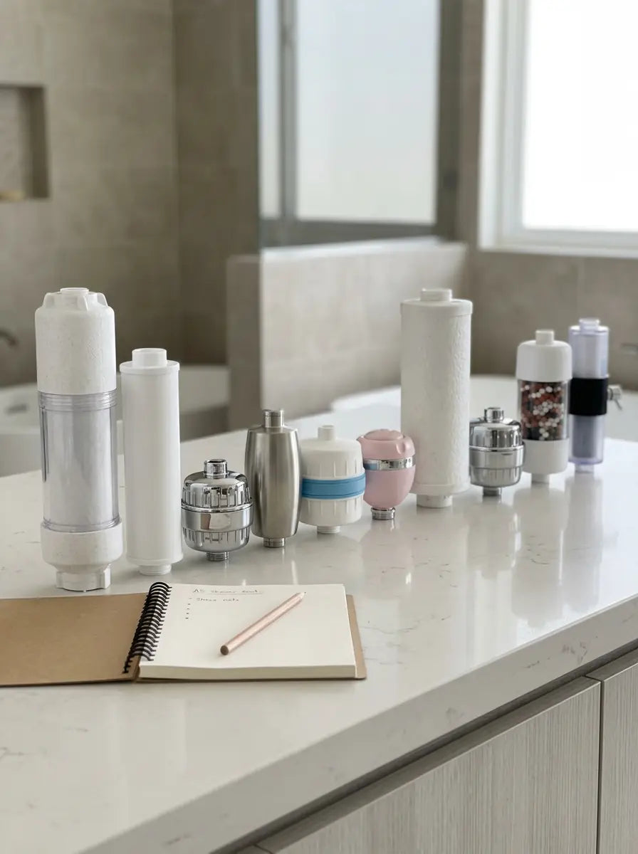 Eleven shower filters lined up on a bathroom counter during testing