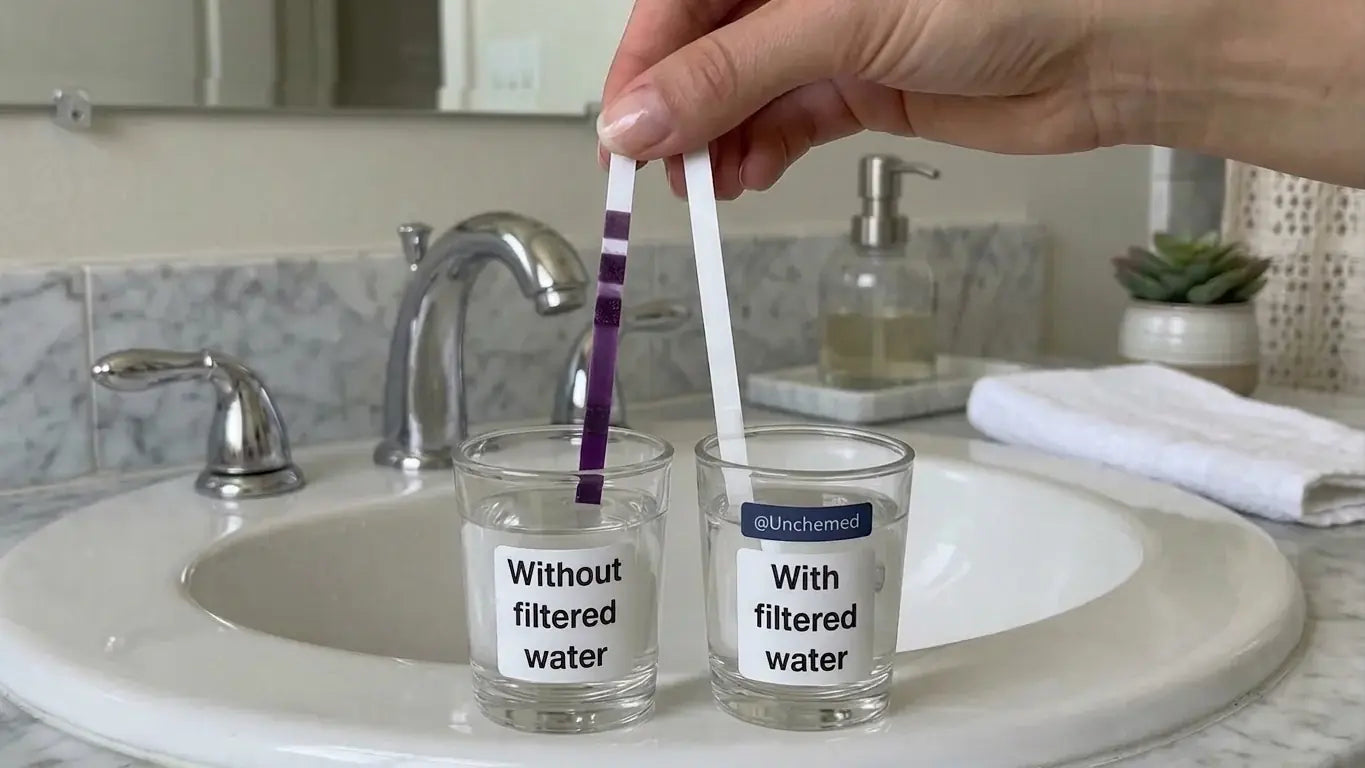 Chlorine test strips comparing unfiltered and filtered water