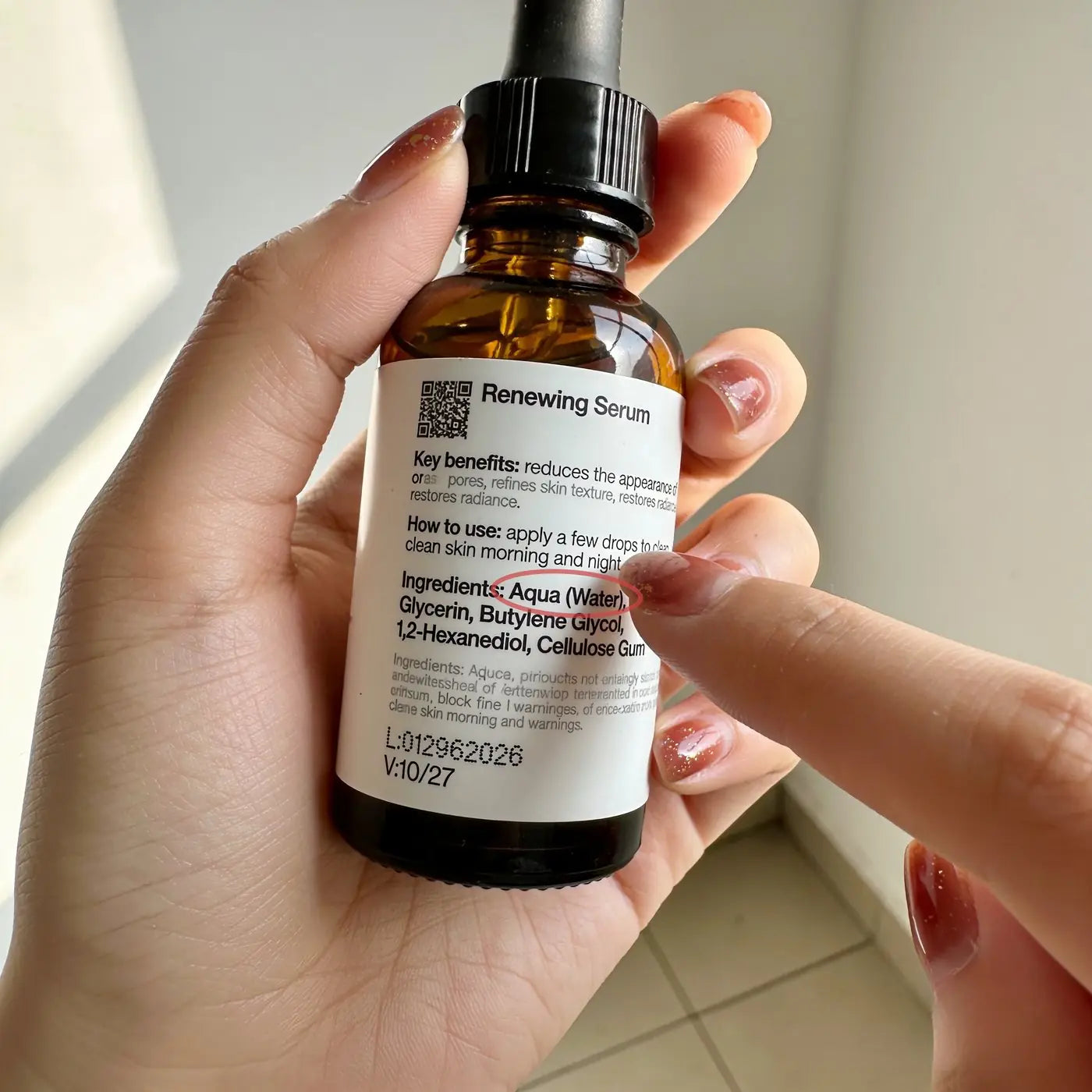 Back of a serum bottle: Aqua is the first ingredient